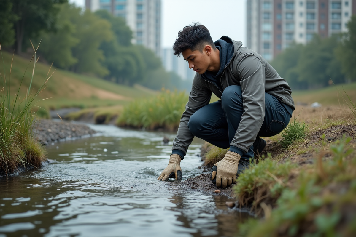 Jeune homme nettoyant un cours d