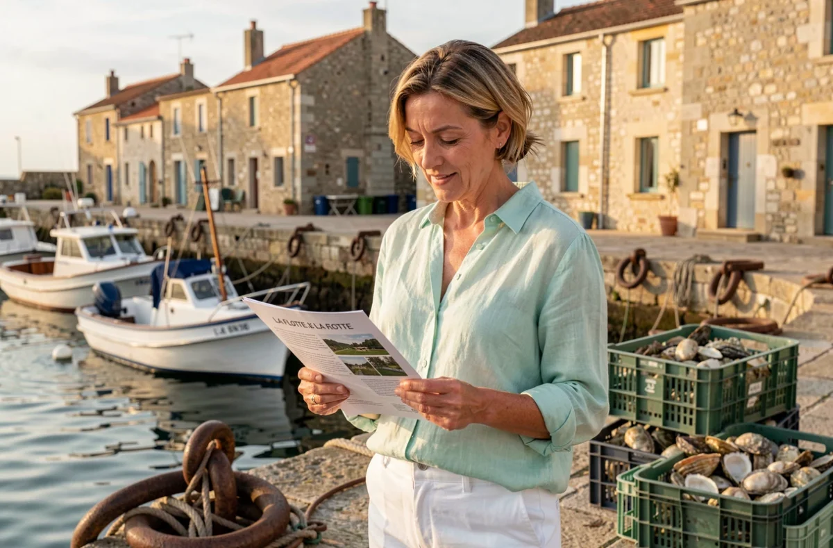 José Catherine, agente Optimhome La Flotte, au bord du vieux port avec bateaux de pêche et maisons en pierre