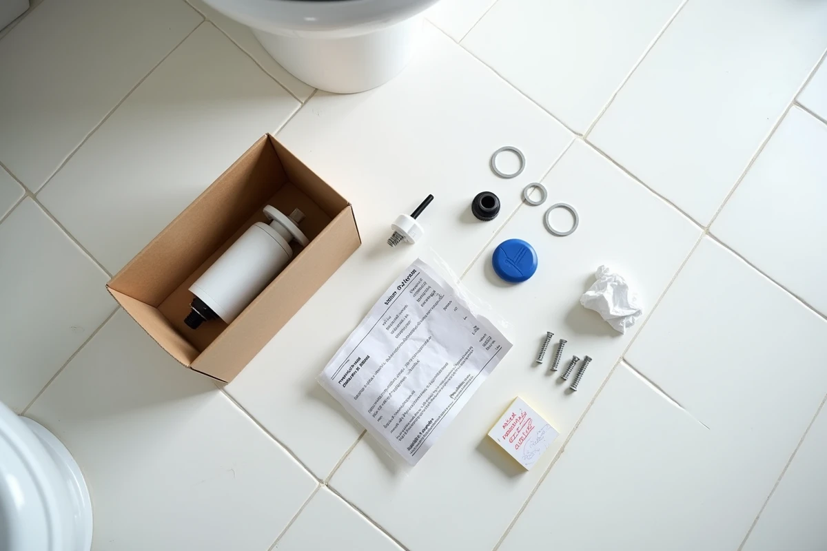 Kit de remplacement de robinet flotteur démonté sur carrelage de salle de bain avec facture de réparation