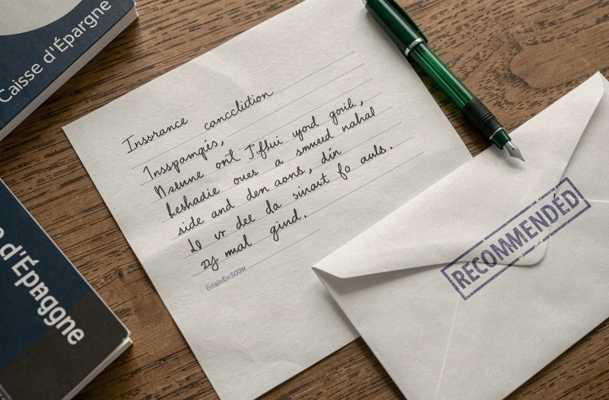 Lettre de résiliation d'assurance habitation rédigée à la main avec enveloppe recommandée