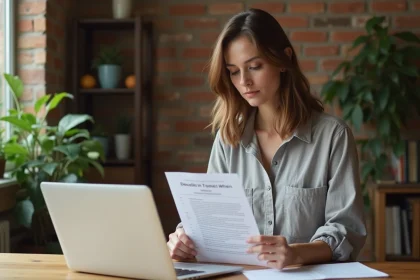 Femme consultant une liste de mobilier pour location meublée imprimée en PDF sur une table en bois dans un appartement moderne