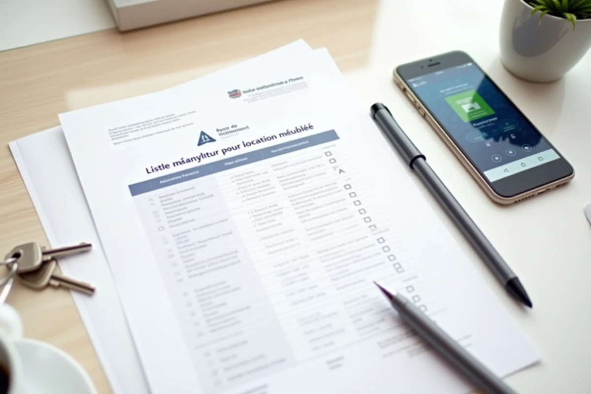 Vue de dessus d'une liste de mobilier location meublée en PDF imprimée avec stylo, clés d'appartement et smartphone sur un bureau blanc