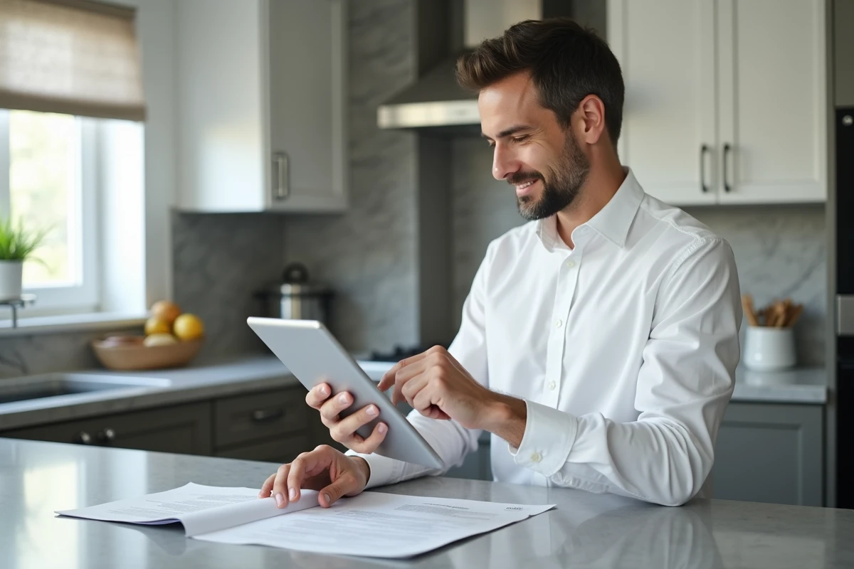 Locataire consultant son espace MyFoncia sur tablette avec des documents de bail posés sur le comptoir de cuisine