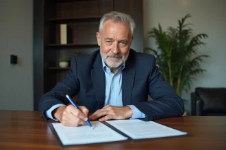 Homme d age moyen en costume examine un contrat de location