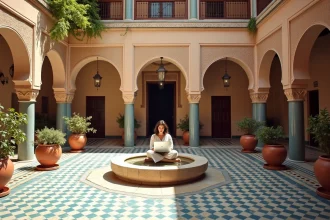 Femme travaillant dans la cour intérieure d'un riad traditionnel à Essaouira avec fontaine en pierre et décoration marocaine authentique
