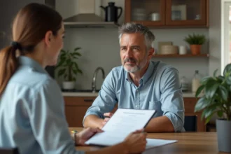 Homme d'âge moyen examinant des documents de location avec une locataire