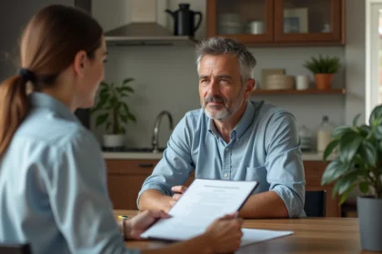Homme d'âge moyen examinant des documents de location avec une locataire