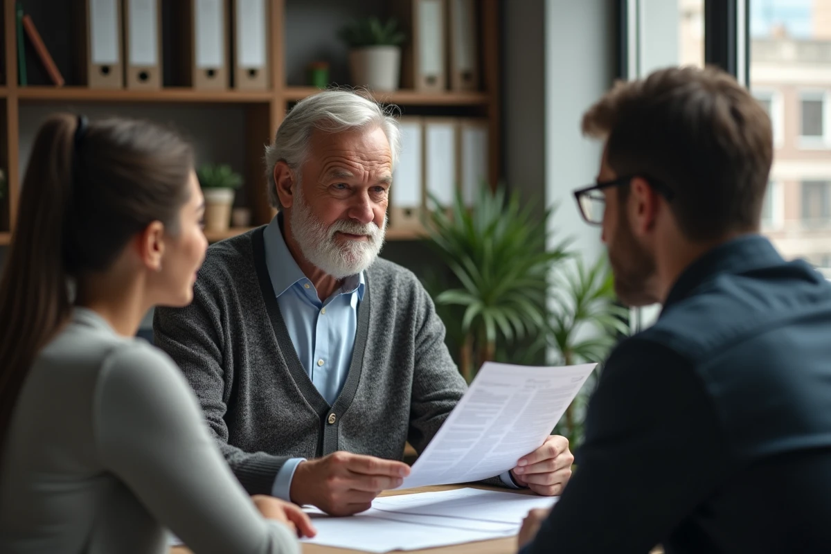Loueur avec un couple étudiant un contrat de location dans un bureau