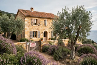 Maison traditionnelle en pierre à vendre en Corse du Sud avec vue sur la mer et végétation de maquis