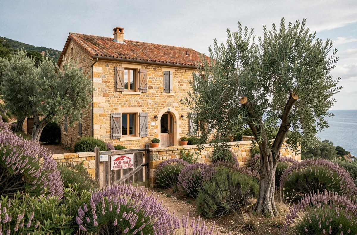 Maison traditionnelle en pierre à vendre en Corse du Sud avec vue sur la mer et végétation de maquis