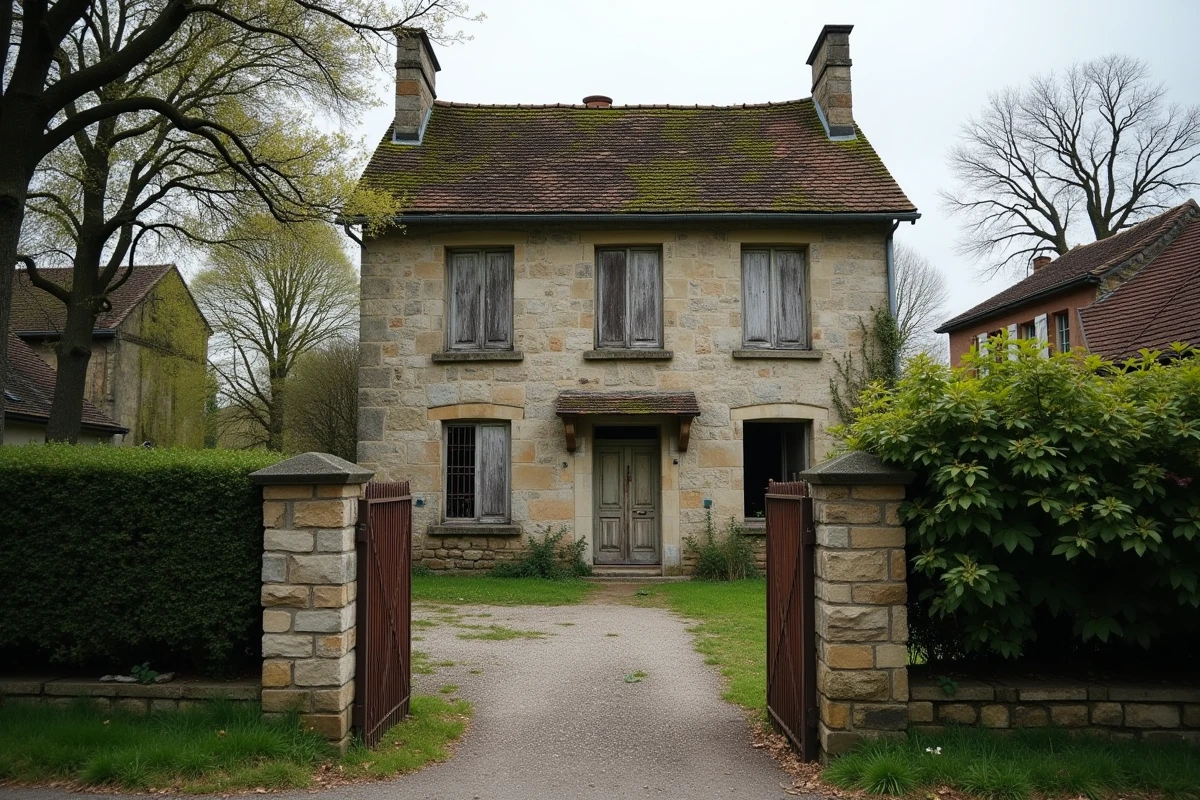 Maison abandonnée à vendre en Île-de-France avec façade en pierre, volets fermés et portail rouillé dans un village rural