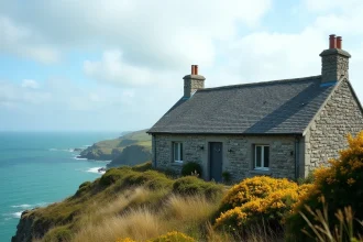 Maison en pierre bretonne avec vue mer sur une falaise en Bretagne, entourée d'ajoncs et d'herbes sauvages face à l'Atlantique