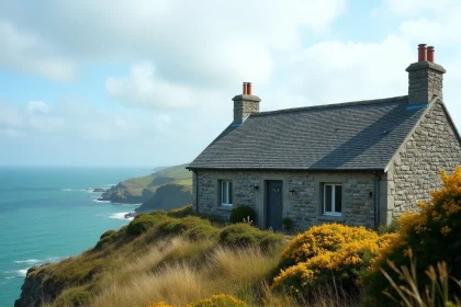 Maison en pierre bretonne avec vue mer sur une falaise en Bretagne, entourée d'ajoncs et d'herbes sauvages face à l'Atlantique