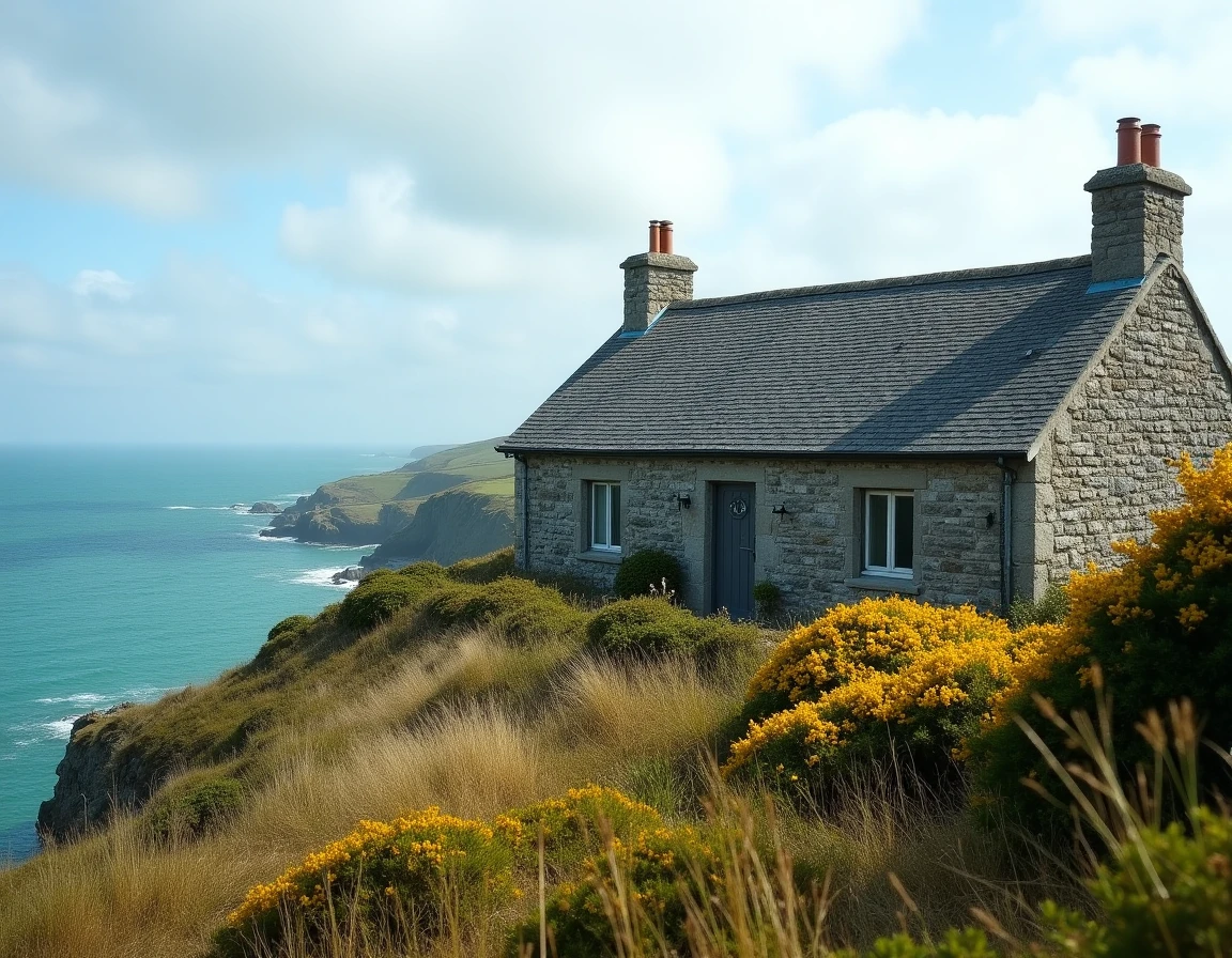 Maison en pierre bretonne avec vue mer sur une falaise en Bretagne, entourée d'ajoncs et d'herbes sauvages face à l'Atlantique