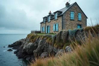 Maison de pêcheur en pierre sur une côte rocheuse exposée à l'érosion littorale, avec des volets bleus délavés et des filets de pêche au premier plan