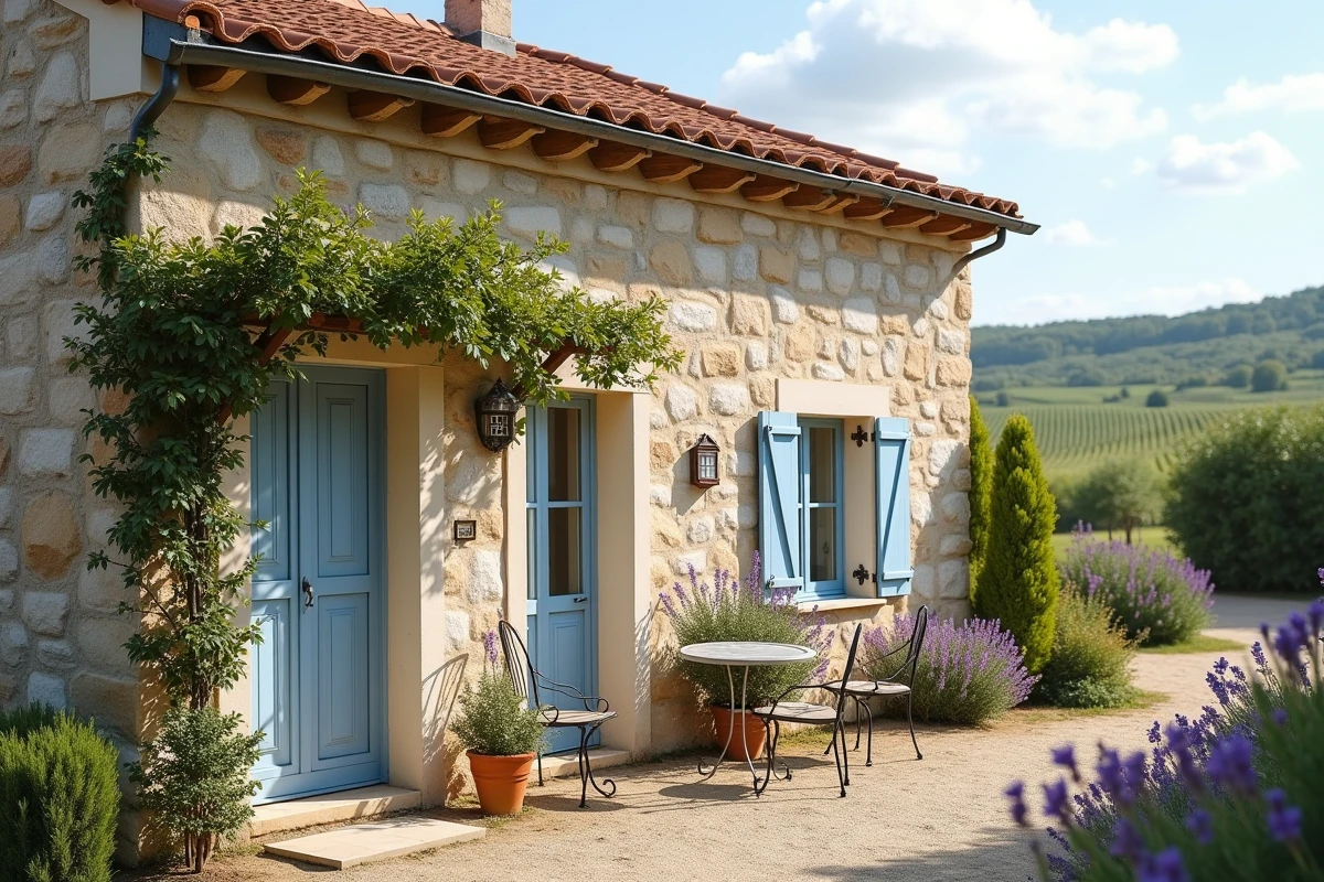 Maison en pierre à louer dans un village rural de l'Aude entourée de lavande et de vignes