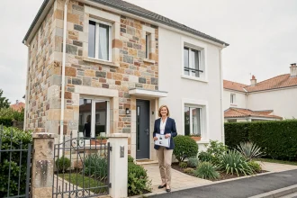Agent immobilier devant une maison à vendre près de Saint-Nazaire lors d'une vente urgente pour cause de divorce