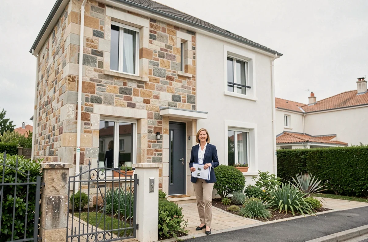 Agent immobilier devant une maison à vendre près de Saint-Nazaire lors d'une vente urgente pour cause de divorce