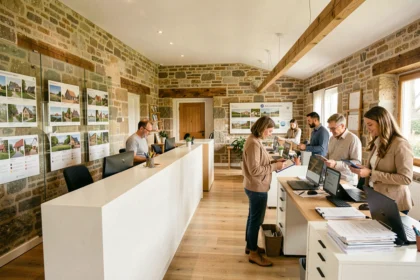 Vue d'ensemble d'une agence de gestion locative professionnelle dans le Morbihan, avec des agents immobiliers au travail dans un espace moderne