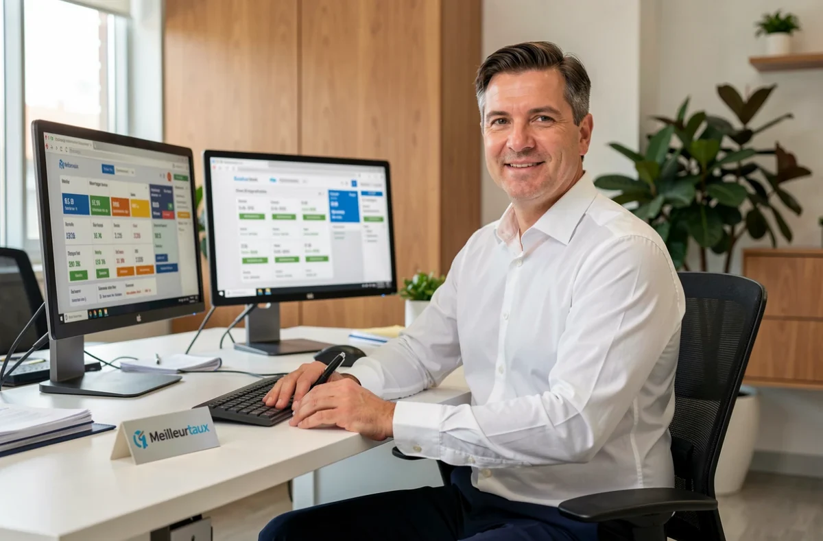 Courtier Meilleurtaux analysant des taux de prêt immobilier sur écran dans un bureau contemporain
