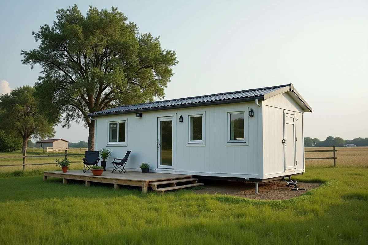 Mobil home moderne installé sur un terrain privé en zone rurale avec clôture en bois et terrasse aménagée