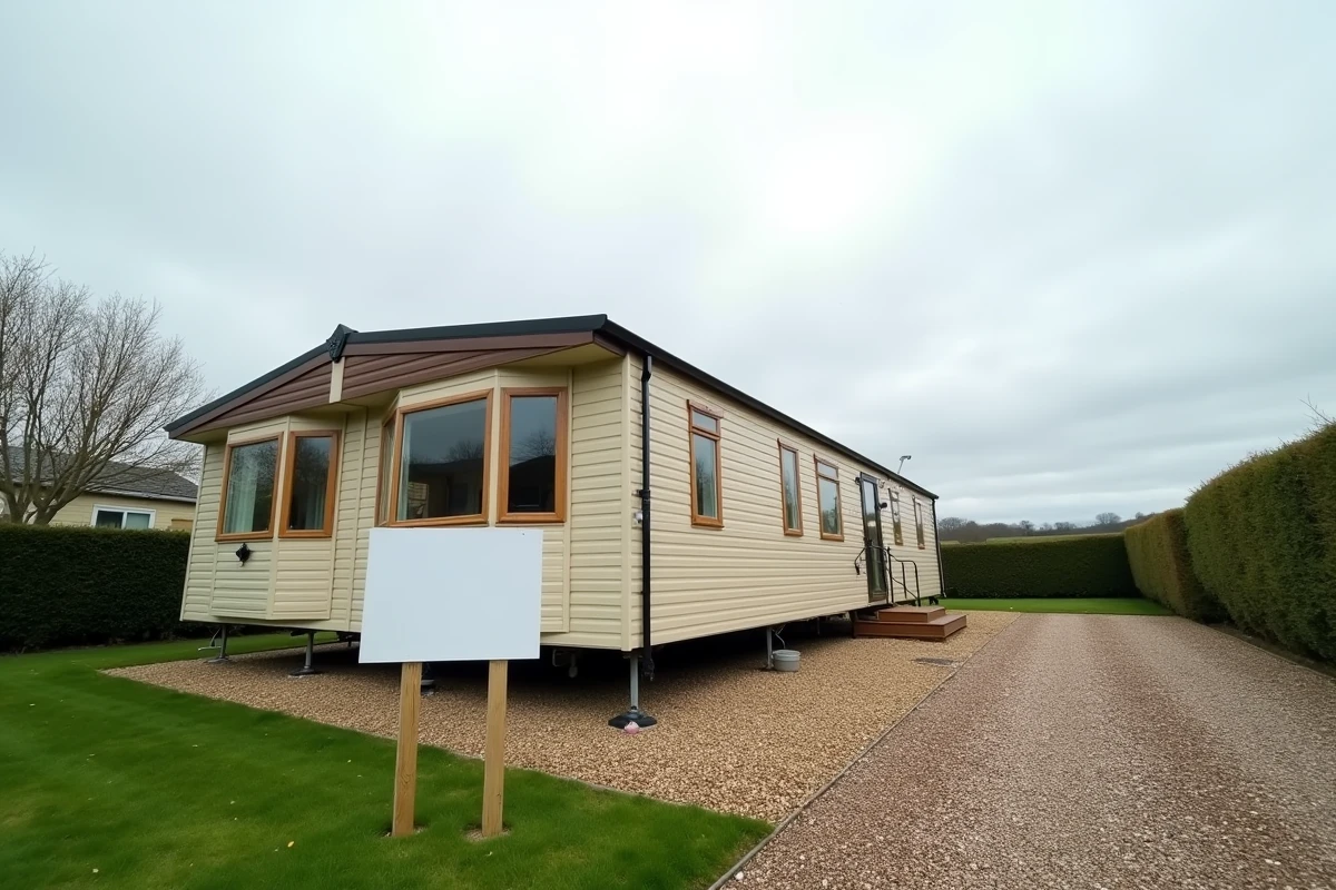 Vue extérieure d'un mobil home installé sur un terrain privé avec panneau foncier visible
