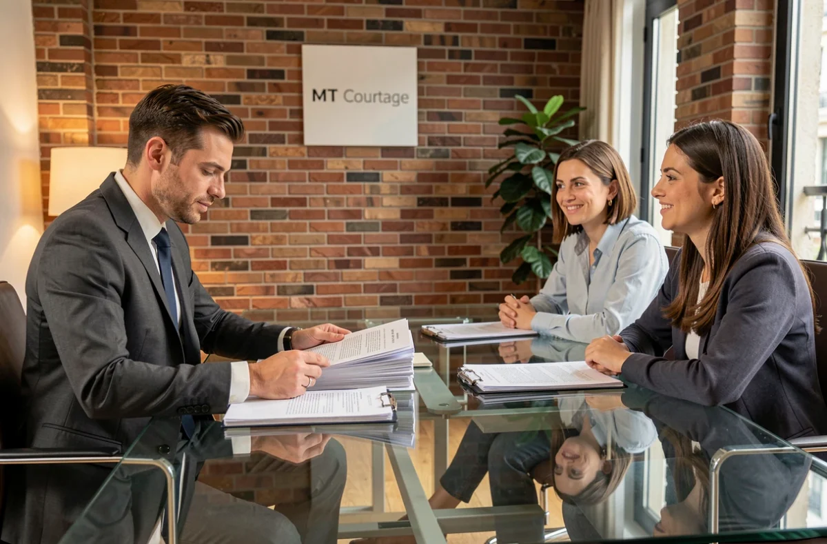 Spécialiste de MT Courtage en réunion avec des clients pour un dossier de prêt immobilier