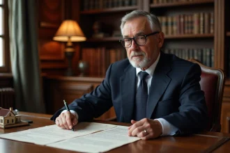 Notaire examinant des documents officiels liés à une construction neuve pour réduire les frais de notaire