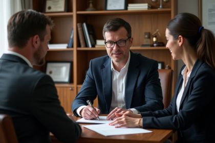 Notaire explique documents à un jeune couple dans un bureau moderne