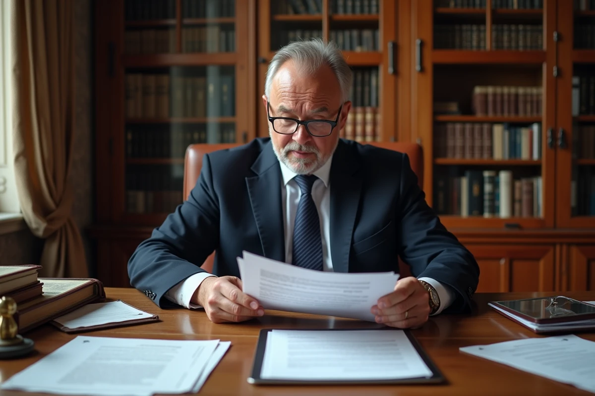 Notaire à Limoges examinant des documents immobiliers obligatoires sur son bureau en chêne dans son étude