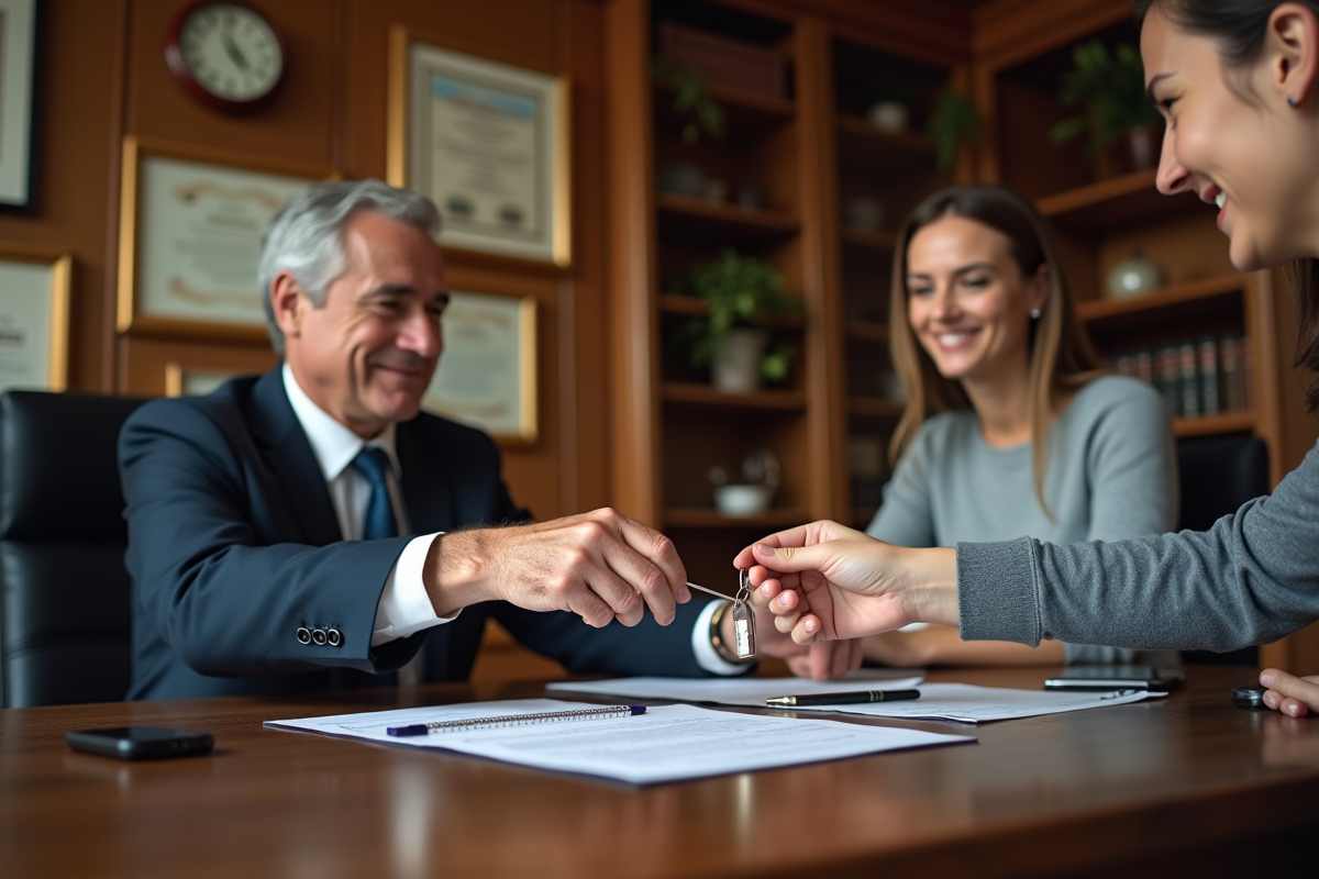 Notaire souriant remet des clés à un jeune couple dans son bureau