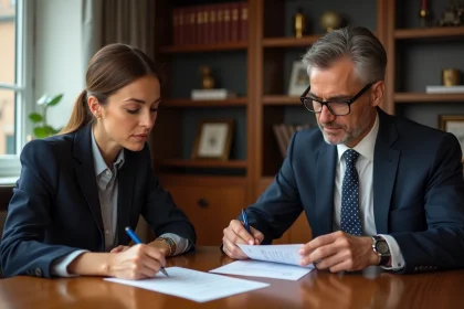 Femme signant un document chez le notaire dans un bureau moderne