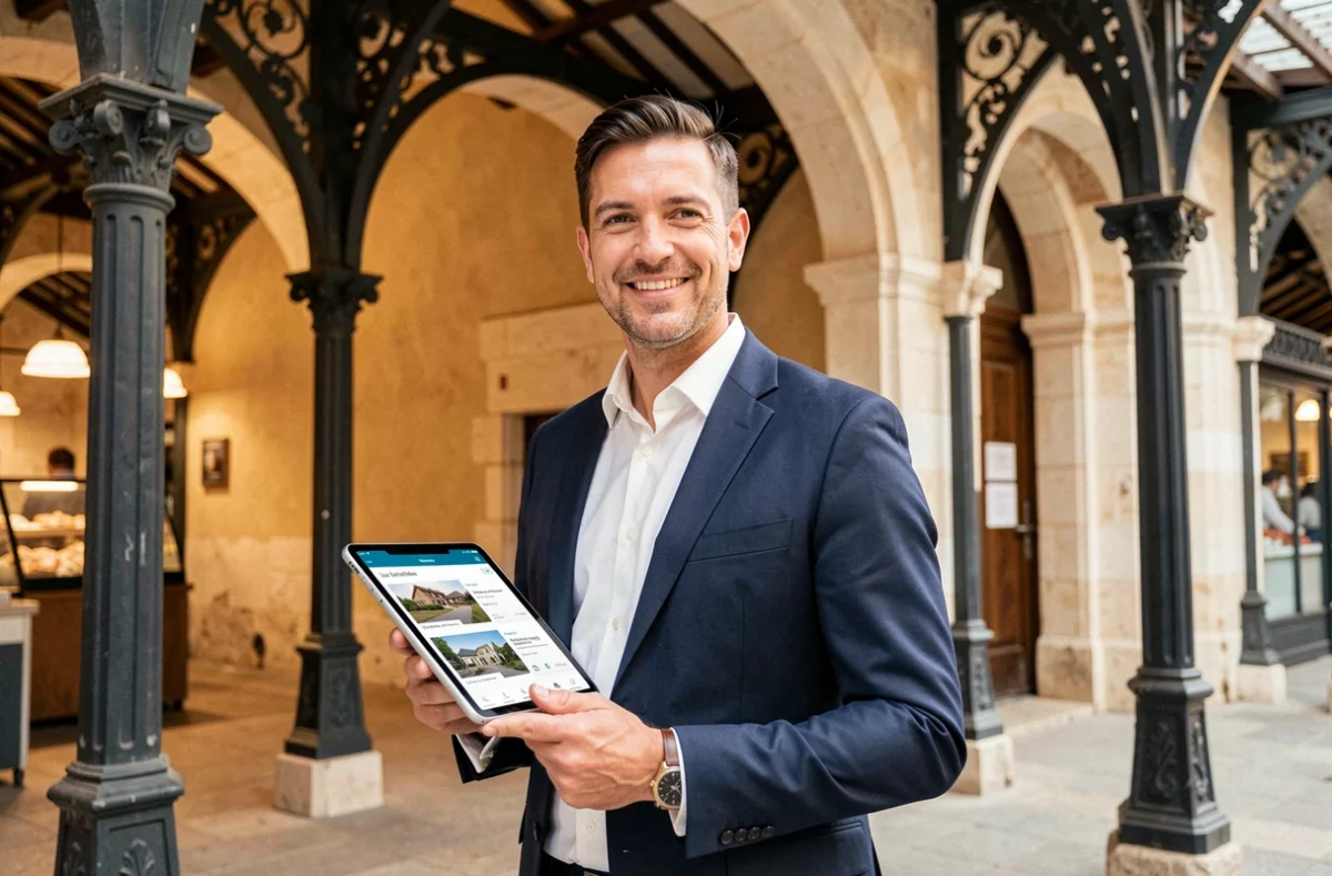 Agent immobilier Orpi souriant à l'entrée des halles du marché de La Rochelle en costume marine