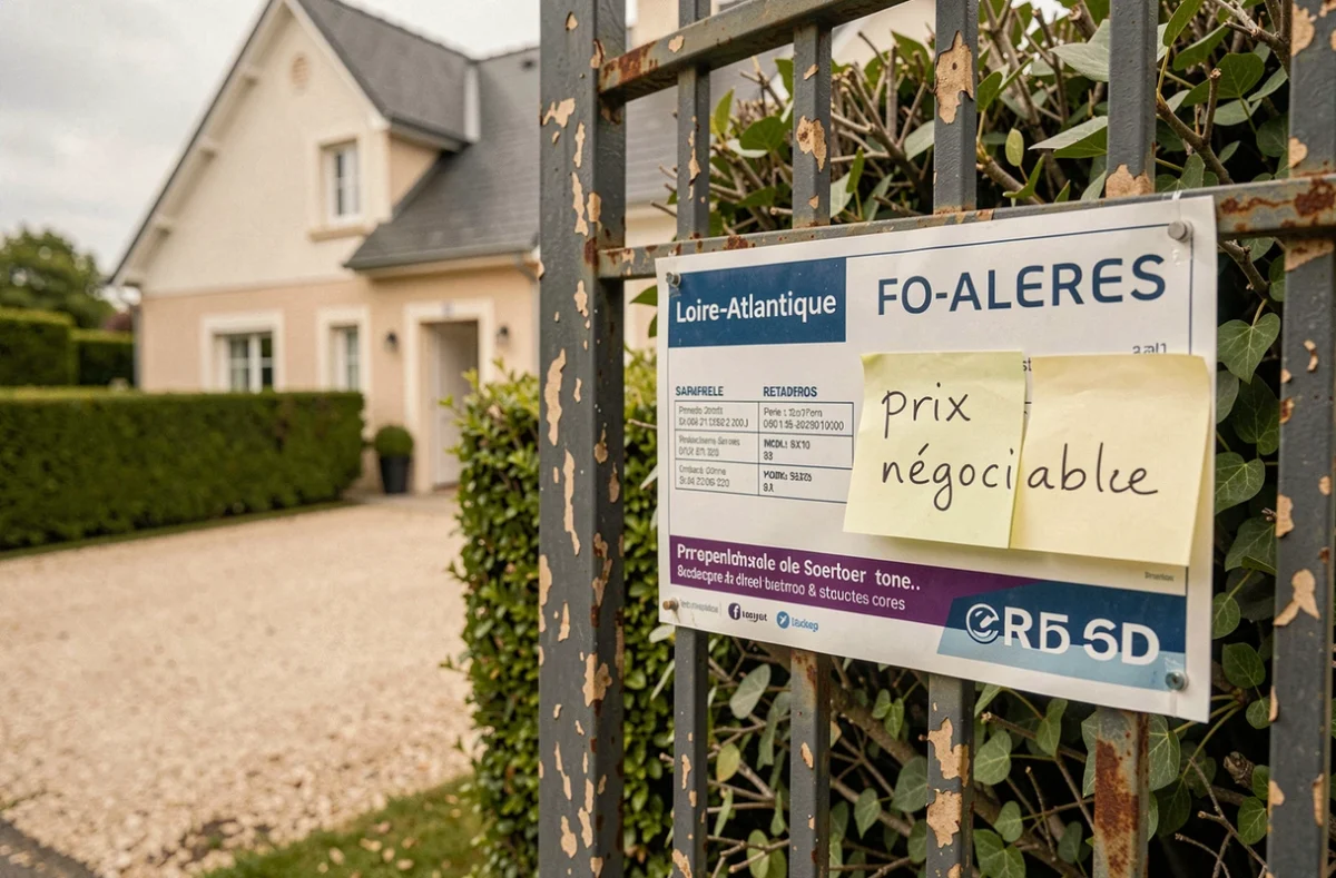 Panneau de vente immobilière urgente sur portail de maison avec mention prix négociable près de Saint-Nazaire