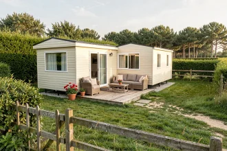 Parcelle de terrain avec mobil-home en Vendée, entourée de verdure et d'une terrasse en bois proche des plages