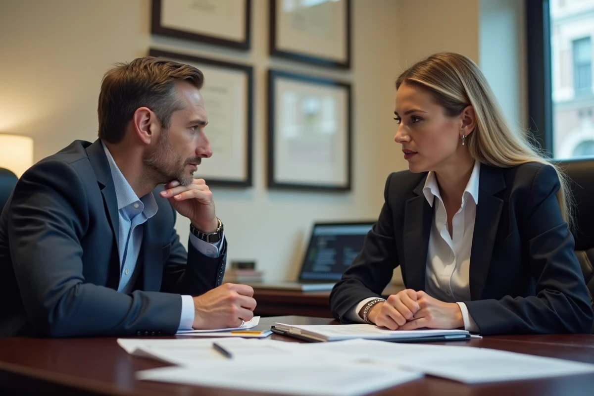 Deux frères et sœurs adultes discutant d'un partage de succession immobilière chez un notaire