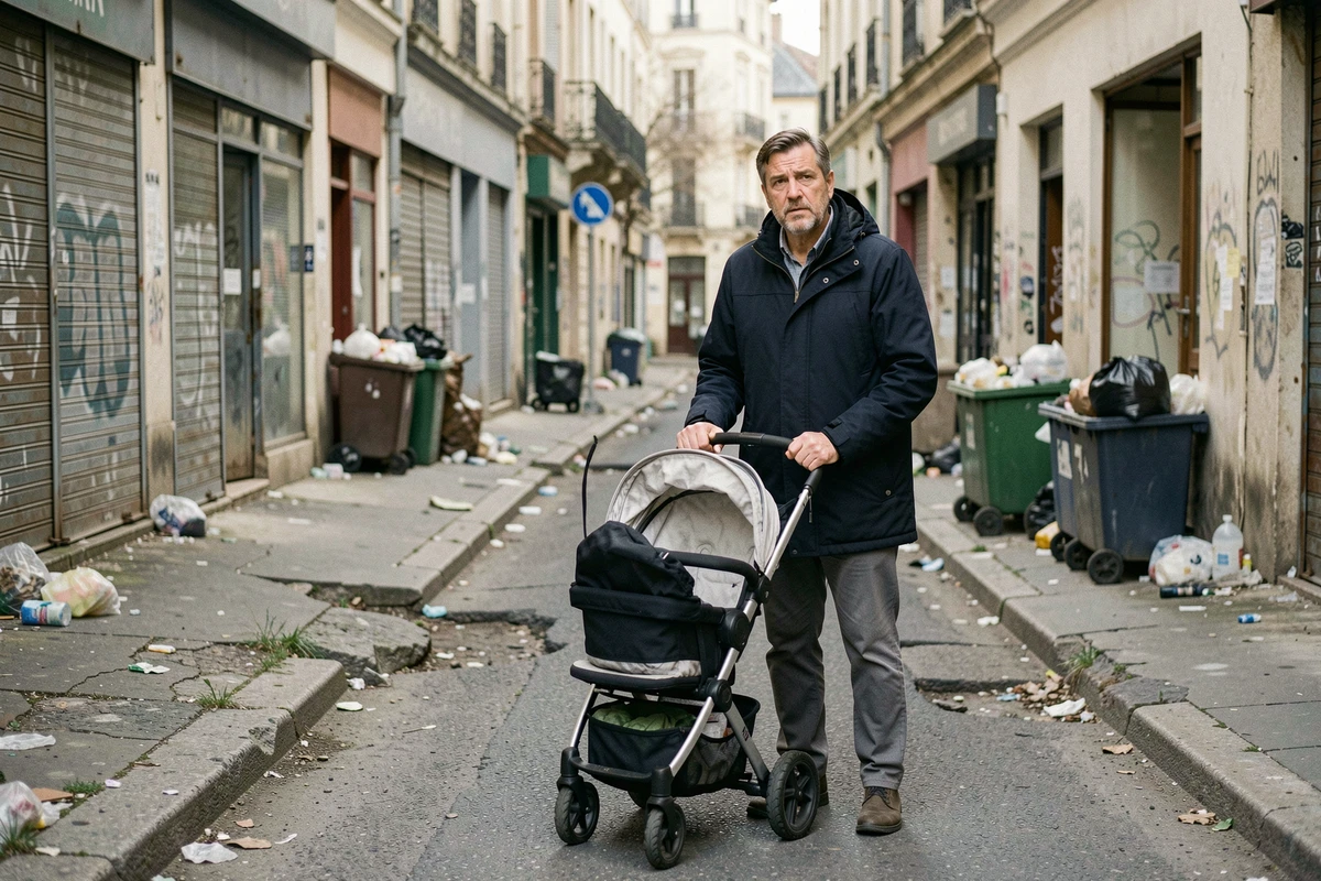 Père poussant une poussette dans une rue délabrée d'un quartier sensible de Brive-la-Gaillarde avec des commerces abandonnés