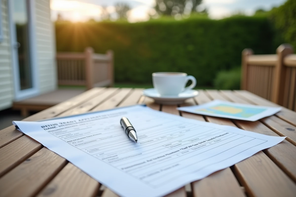 Formulaire de permis de construire et plan cadastral posés sur une table de terrasse de mobil home en jardin privé