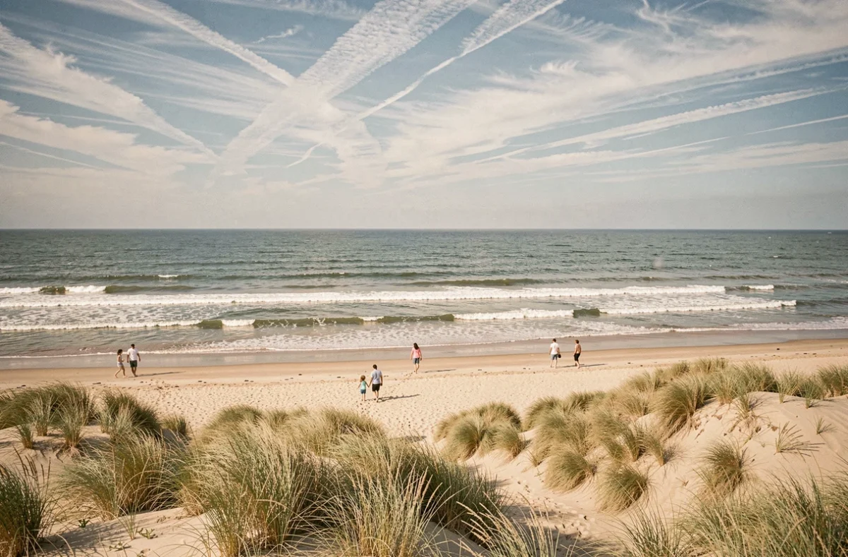 Plage de sable en Vendée avec dunes et vacanciers, à proximité de parcelles de terrain avec mobil-home à vendre