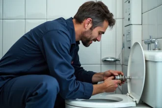 Plombier inspectant un robinet flotteur à l'intérieur d'un réservoir de chasse d'eau en céramique blanche