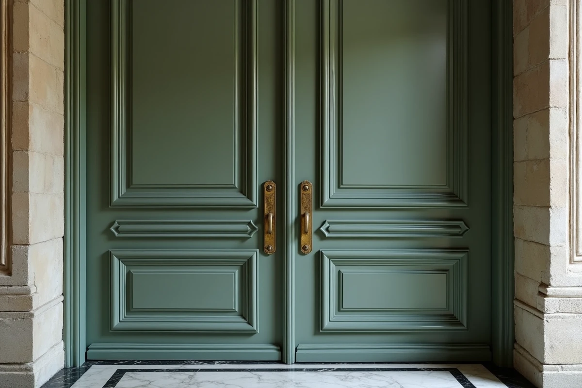 Portes en boiserie verte avec poignées en laiton patiné dans un couloir d'appartement haussmannien