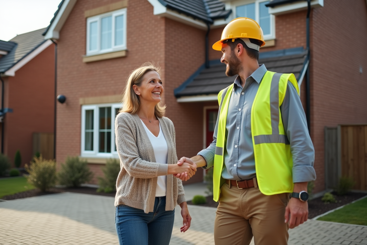 Homme et femme se serrant la main devant une maison neuve