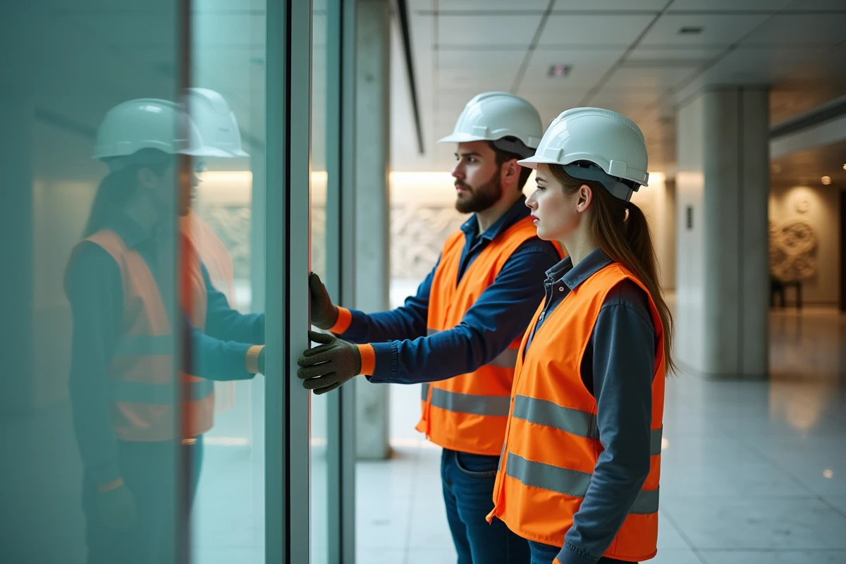 Ouvriers installant des panneaux dans le hall rénové de la tour Nuages