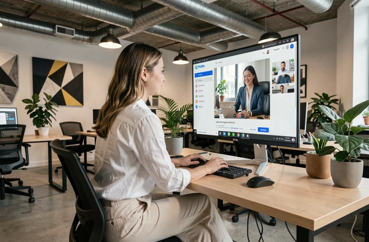 Conseillère Pretto utilisant la plateforme digitale de courtage immobilier dans un espace de travail moderne
