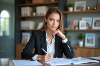 Jeune femme en immobilier examine des documents dans un bureau moderne