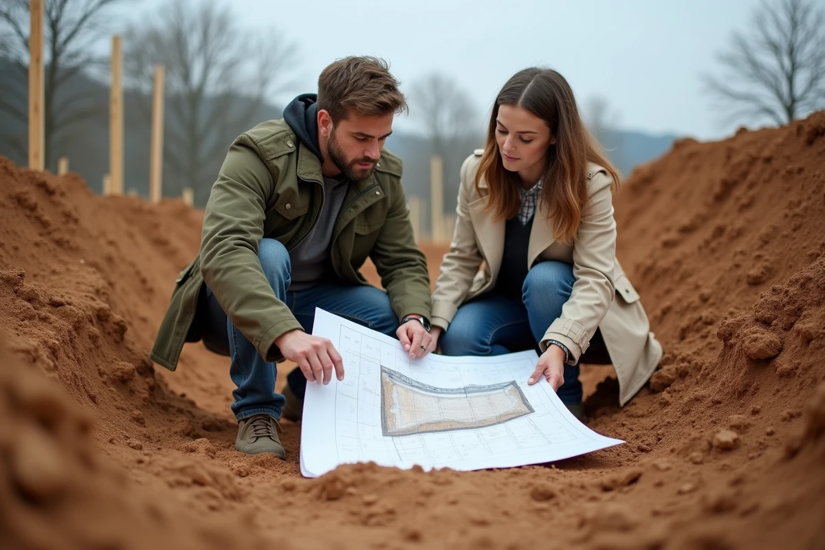 Deux professionnels comparant un plan de coupe terrain avec le sol d'un chantier de construction résidentielle