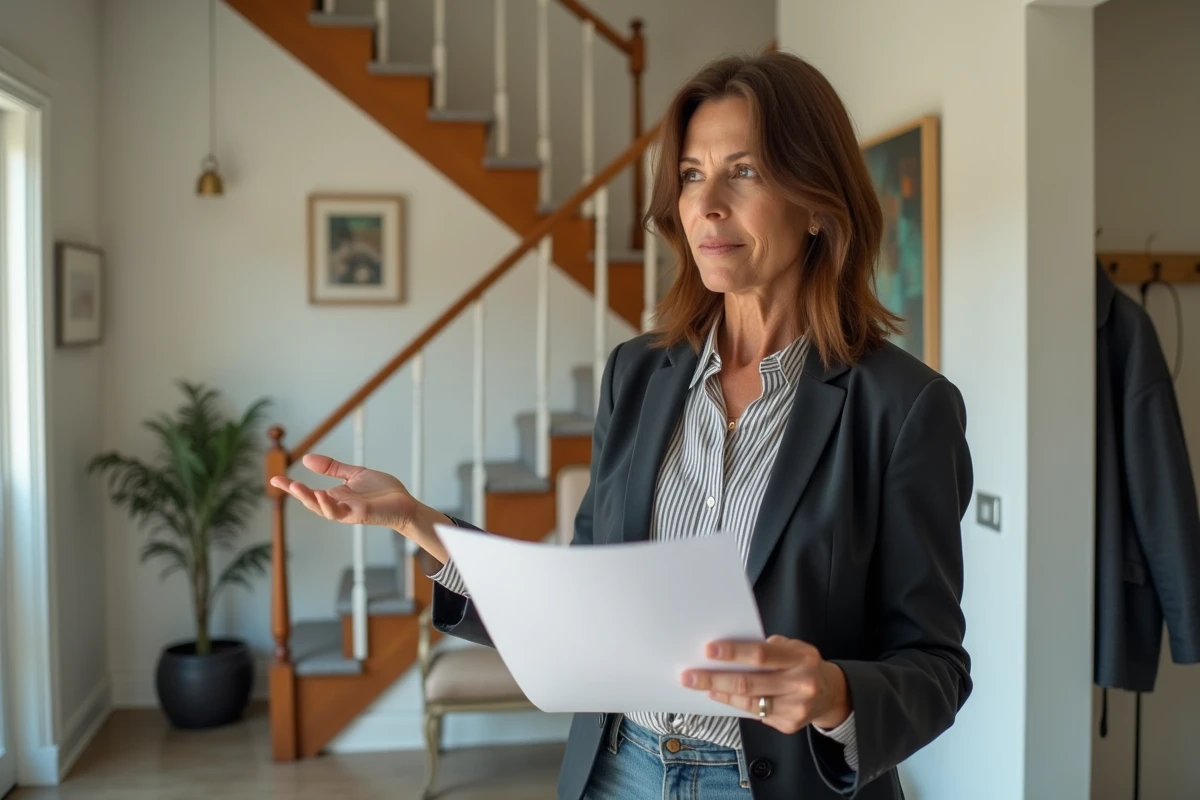 Propriétaire présentant son contrat de location de maison pour un tournage cinématographique dans le couloir de son domicile moderne