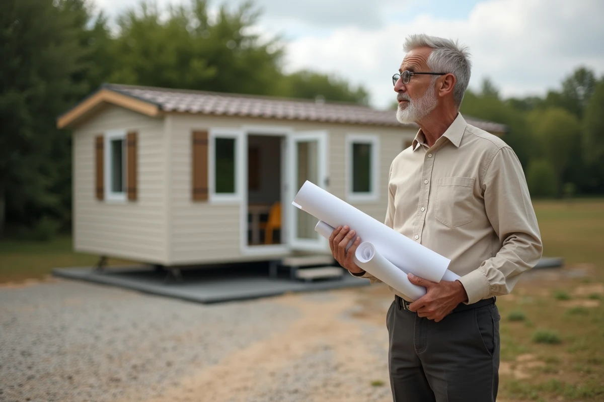 Homme examinant des documents administratifs devant un mobil home installé sur dalle béton en terrain privé