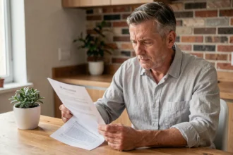 Propriétaire non-occupant examinant un contrat d'assurance habitation PNO dans un appartement moderne