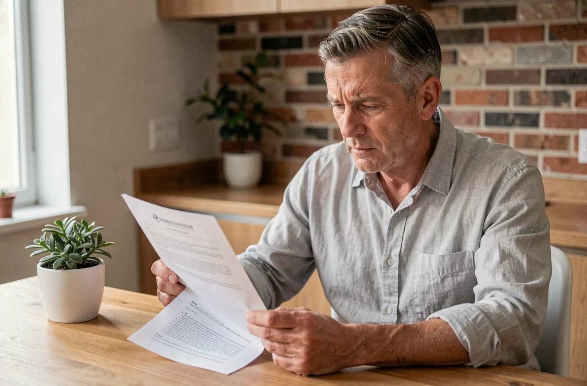 Propriétaire non-occupant examinant un contrat d'assurance habitation PNO dans un appartement moderne
